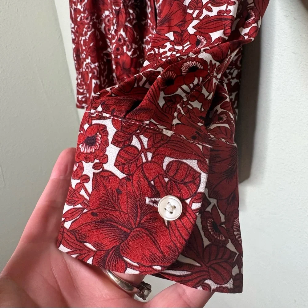 Ann Taylor Rust Orange and White Floral Blouse with Bow Collar Medium P - Picture 3 of 7